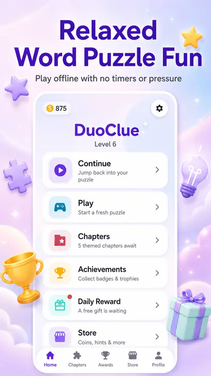 DuoClue home screen with chapters and rewards